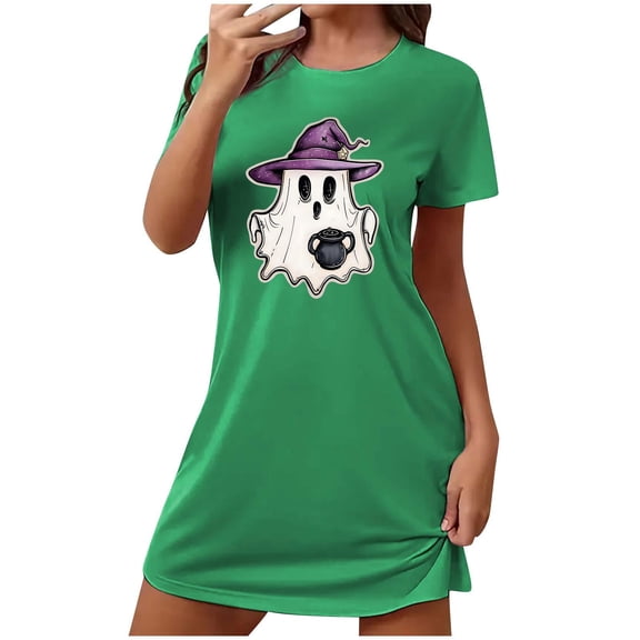 Tnhcen Family-Friendly Halloween Sleepwear Plus Size Funny Cartoon Print Short Dress Round Neck Short Sleeve Stretchy Polyester Spandex S-2XL for All Ages