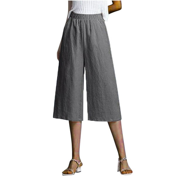 Lolmot Women's Solid Color Casual Loose Broad Leg Straight Barrel Cotton  Linen Capris Pants 