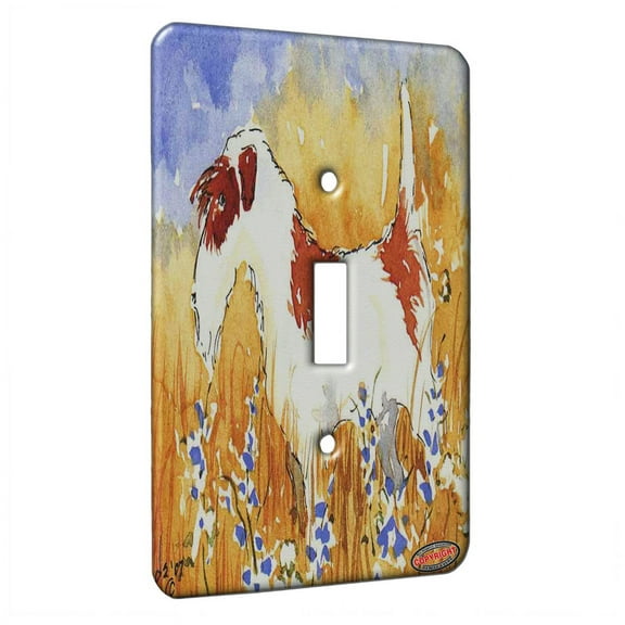 KuzmarK™ Single Gang Toggle Switch Wall Plate - Brown Wire Hair Fox Terrier with Summer Wildflowers Abstract Dog Art by Denise Every
