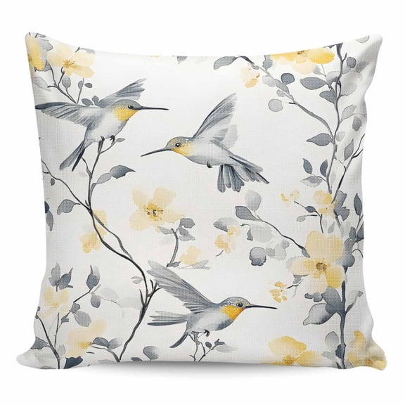 Throw Pillow Covers 20x20 Inch, Yellow Floral Spring Decorative Pillow Cases for Couch Sofa Bed, Gray Summer Botanical Birds Pastoral Cotton Linen Square Home Decor Pillowcases with Hidden Zipper