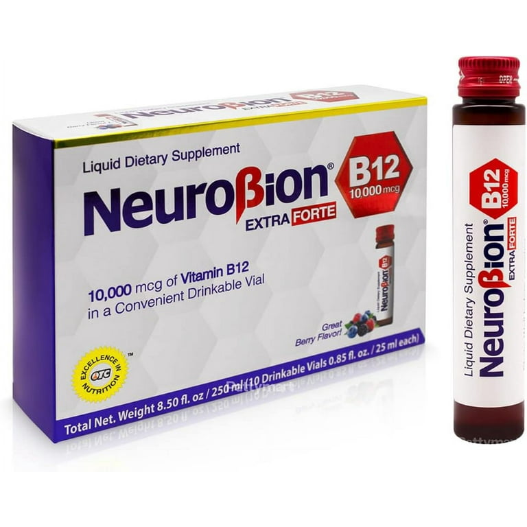 NeuroBion B12 Forte (3,000 mcg) + NeuroBion Extra Forte (10,000 mcg) Liquid  Dietary Supplement Vials, 2-Pack Combo