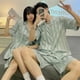 thumbnail image 3 of CAIYIER-Conjunto de pijama de manga corta para hombre y mujer, ropa de dormir informal, suave, de seda, a rayas, Color sólido, para verano, 3 of 4