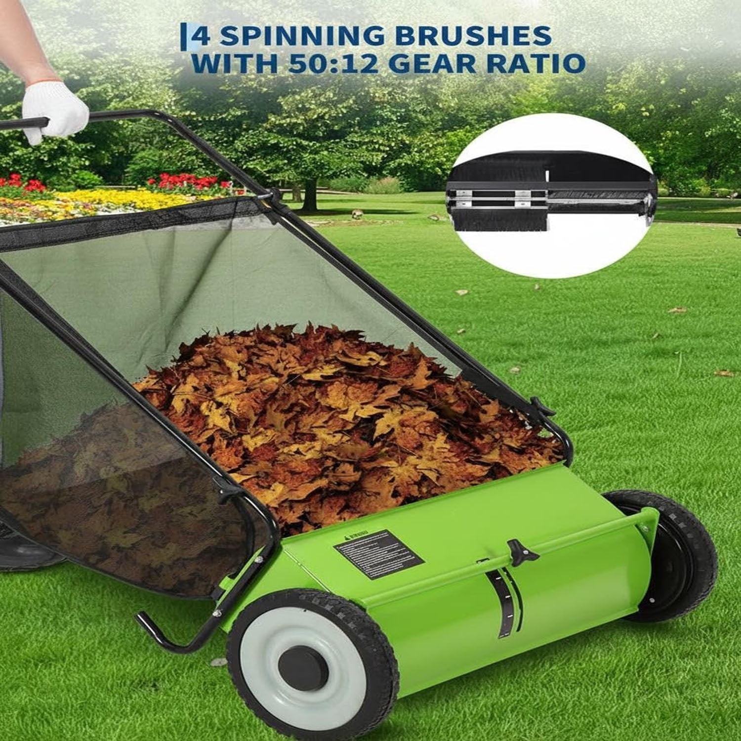 Gaderth Efficient 21-Inch Push Lawn Sweeper, Heavy-Duty Steel Frame, 4 Enhanced Spinning Brushes, Large 3.5 cu.ft Pusher, Strong Rubber Wheels, Manual Leaf & Grass Collector
