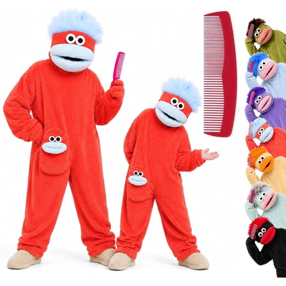 Zydvens Big Mouth Monster Adult Onesie with Large Comb Prop - Big Mouth Puppet Cosplay Soft Plush Loungewear Pajamas - Oversized Fleece Sleepwear Costume Jumpsuit for Parent & Little One