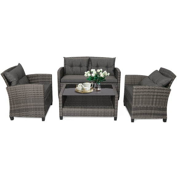 BLACK JAGUAR 4-Piece Outdoor Patio Furniture Set Rattan Wicker Conversation Sofa Set with Coffee Table