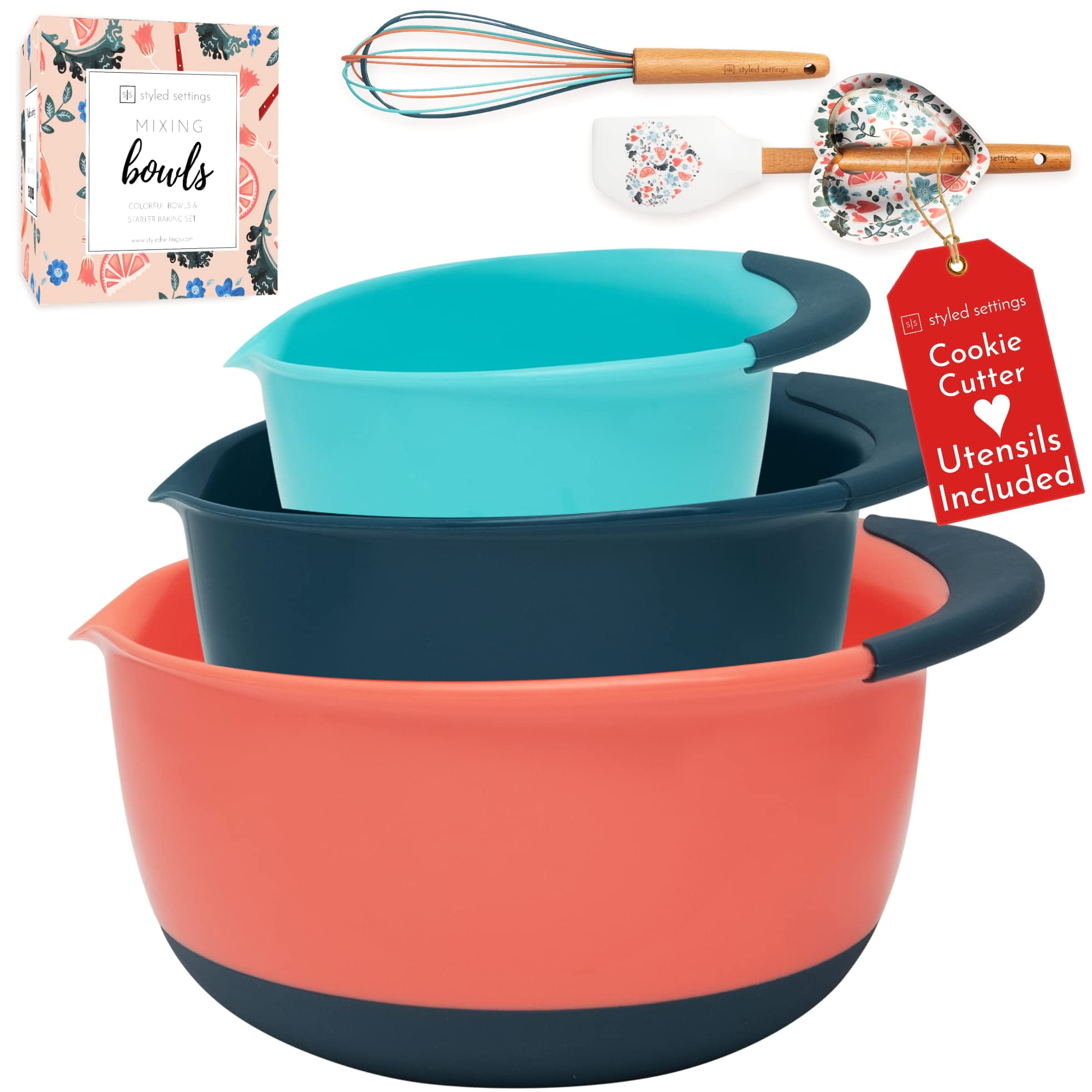 Plastic Mixing Bowls Sets with Handles 2.5 Qt Large, Lightweight