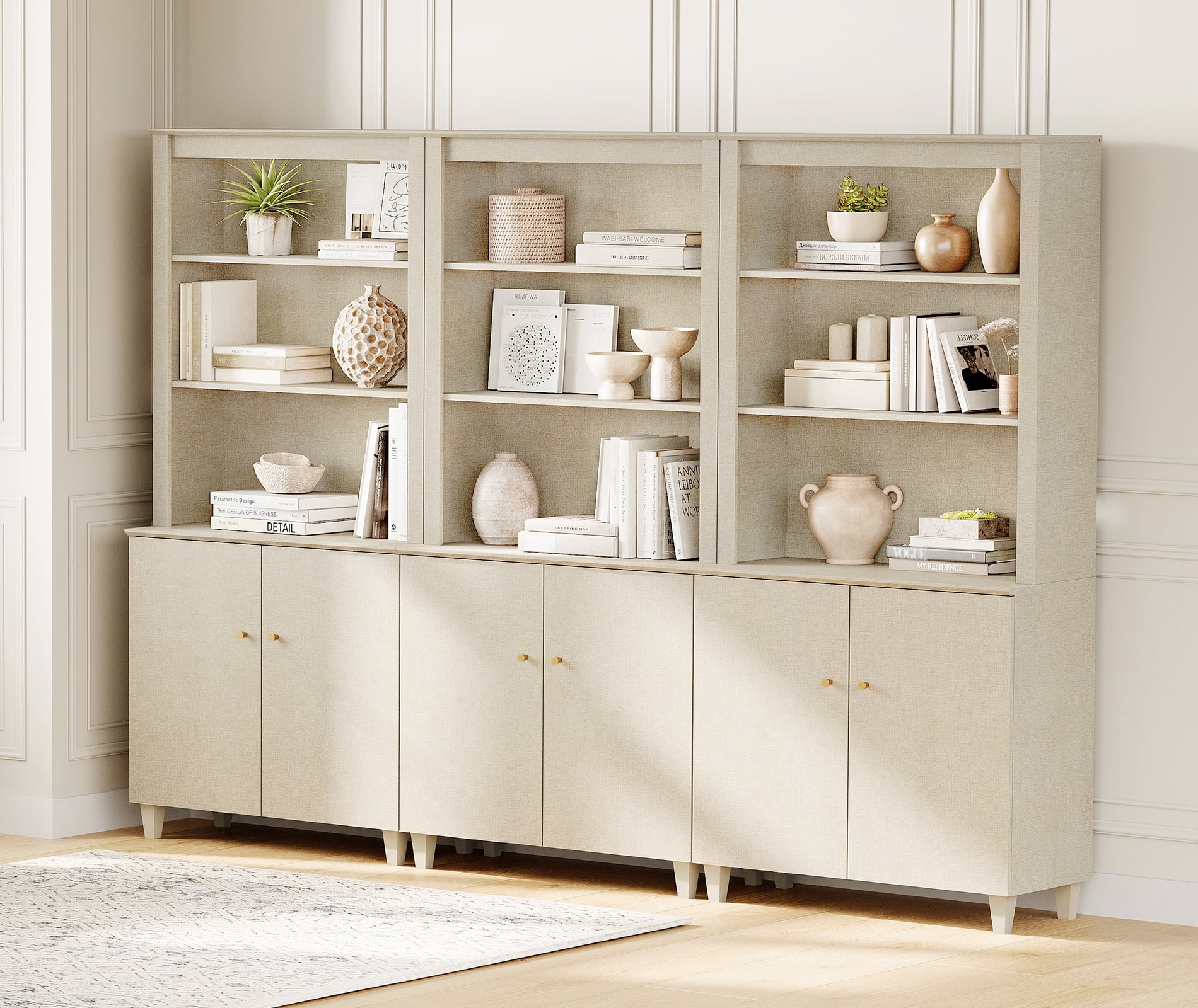 Modern 71" Tall Bookcase with Cabinets, 3 Columns 5-Tier for Home Office,Beige Linen Printed