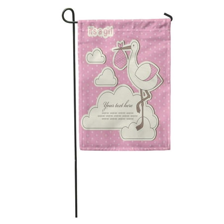SIDONKU Pink Stork Baby Girl Announcement Birth Birthday Label Cute Vintage Garden Flag Decorative Flag House Banner 28x40 inch