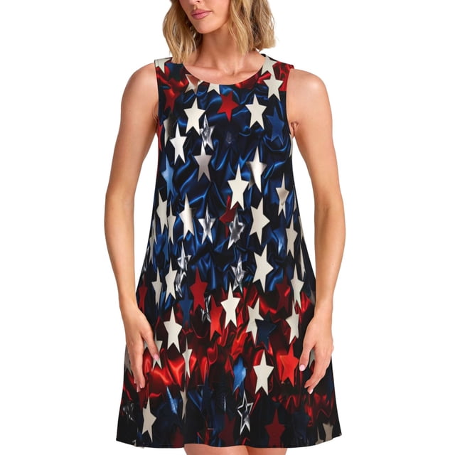 Easygdp Red Blue White Stars para Vestido Transpirable de Mujer, Vestido Suelto de Manga Corta con Pliegues y Bolsillos para el Verano