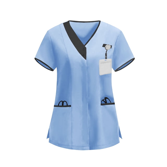 Blusas médicas para mujer, modernas, con bloques de color, de manga corta, informales, con cuello en V y botones, con bolsillos
