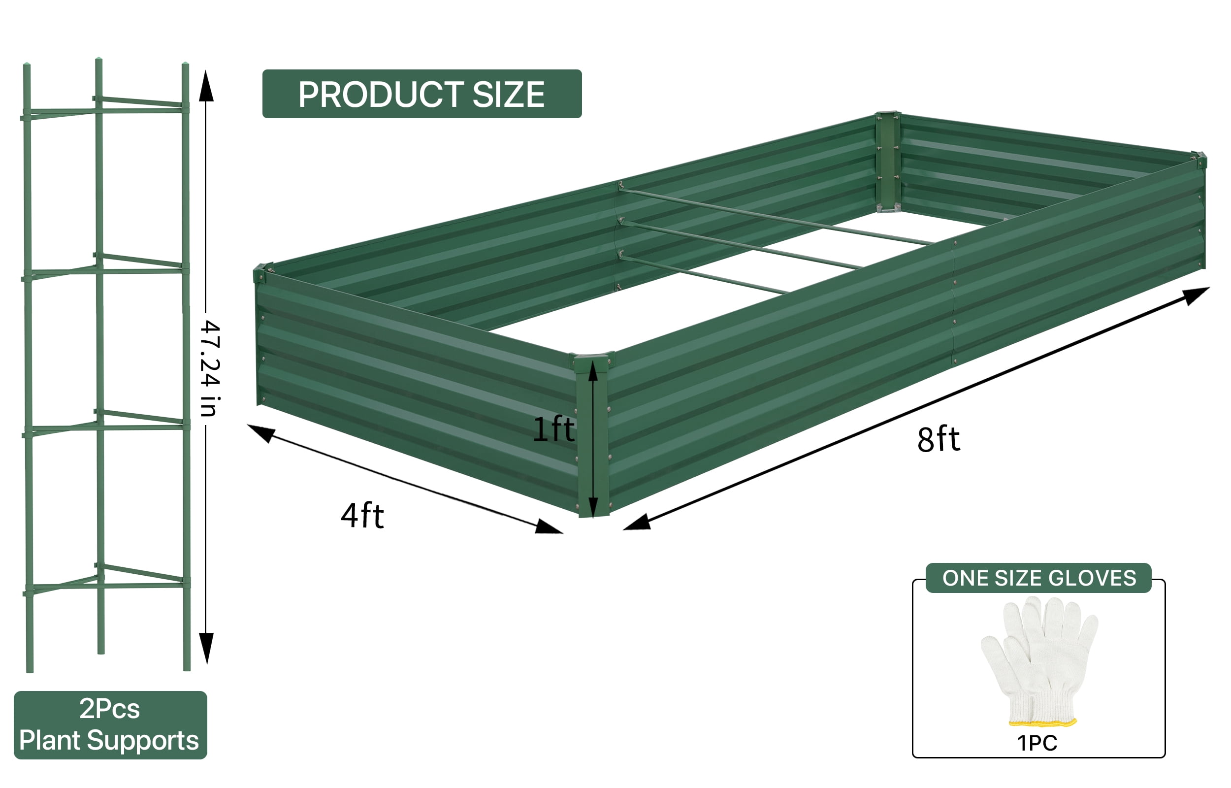 AMOBRO 8x4x1ft Outdoor Metal Raised Garden Bed Planter Box for Vegetables, Flowers, Herbs w/ 3 Tomato Cages Green