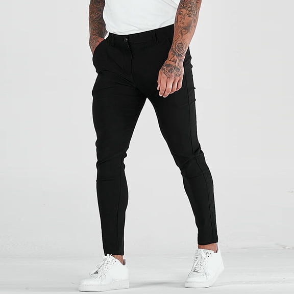 YMNXA Men's Casual Pants High Waist Solid Color Straight Leg Slim Fit Comfortable Stretchy Trousers For Daily Wear And Outdoor Activities,Black,L