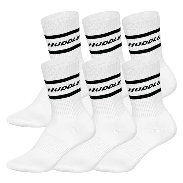 HUDDLE Calcetines Unisex, pack de 6 – Rayas, logo, crew, calcetines deportivos, color liso Blanco 39-42