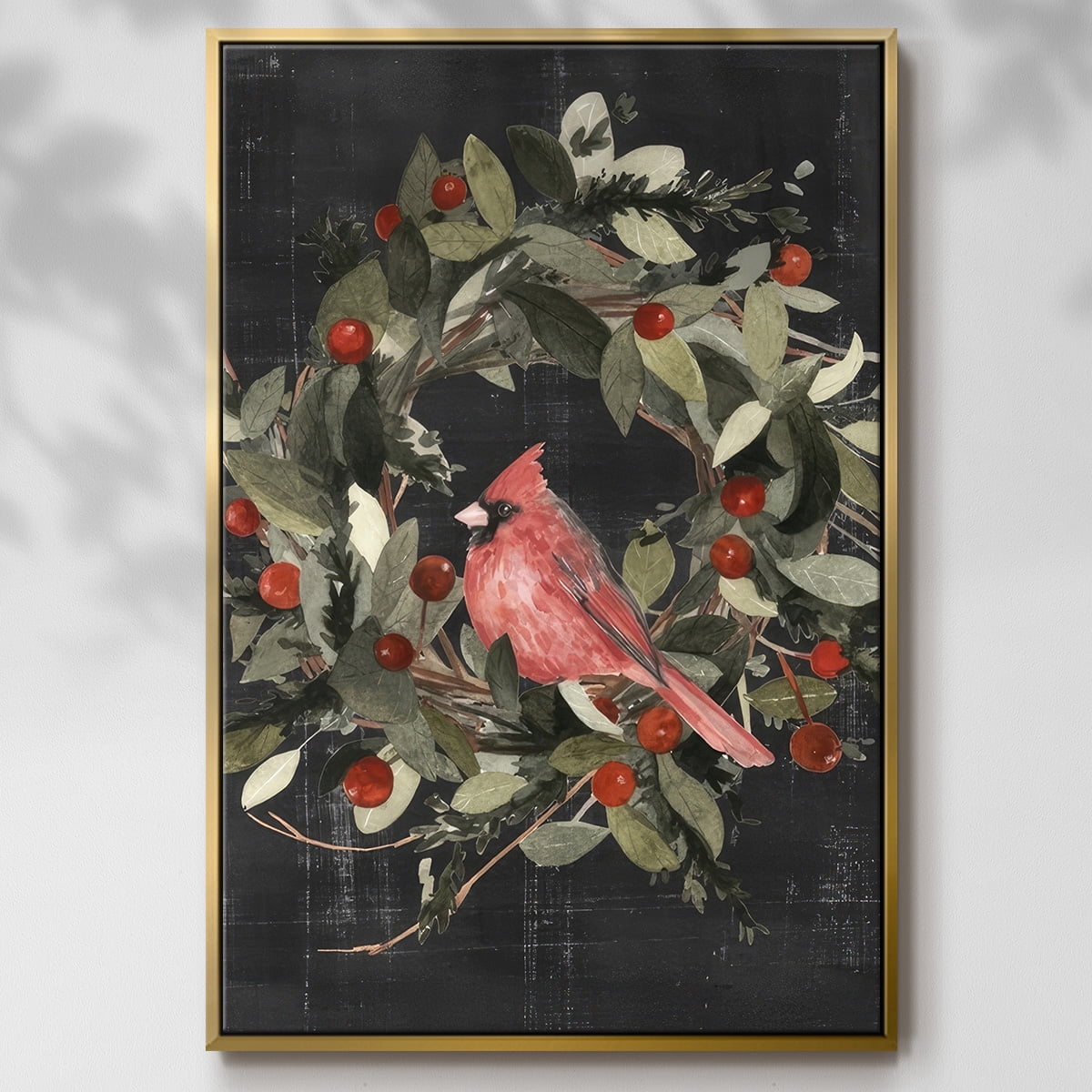 Christmas Cardinal I - Framed Gallery Wrapped Holiday Canvas - 27 x 41 - Gold Frame