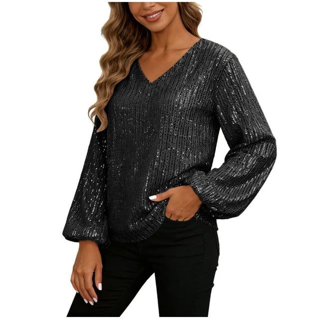 DXOUPM Women's Long Sleeve Shirts V Neck Sequined Shirt Work Clothes Versatile Daily Wear