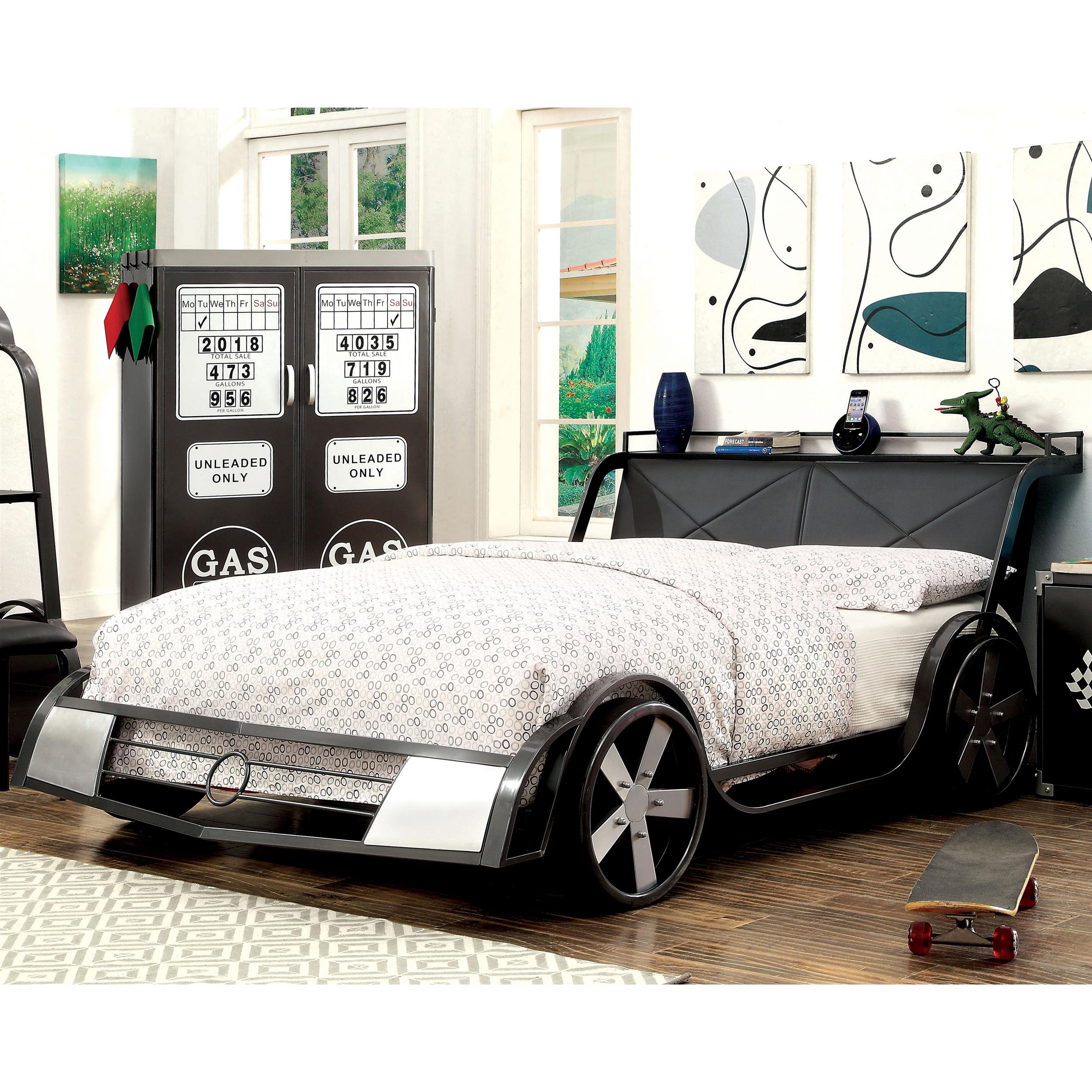 Furniture of America Sainz Metal Full Racecar Bed in Gun Metal and Silver