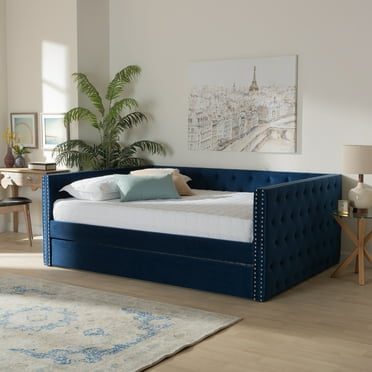 Baxton Studio Larkin Contemporary Upholstered with Trundle Daybed, Full, Navy Blue