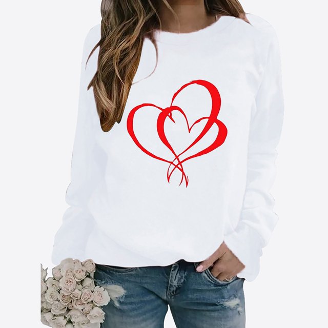 Jsaierl Hauts de la Saint-Valentin pour Femmes T-Shirts Mignons à Imprimé Cœur d'Amour Décontractés à Manches Longues T-Shirts Tendance à Col Rond Blouses 2025