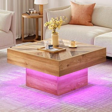 Dextrus Farmhouse LED Coffee Tables Square Center Table with Storage for Living Room, Brown