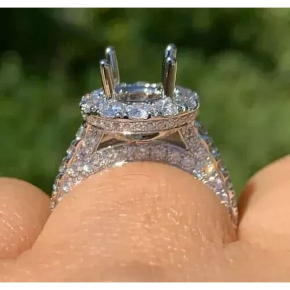 Round Cut Lab Created Diamond Semi Mount Ring 14K White Gold Plated Silver