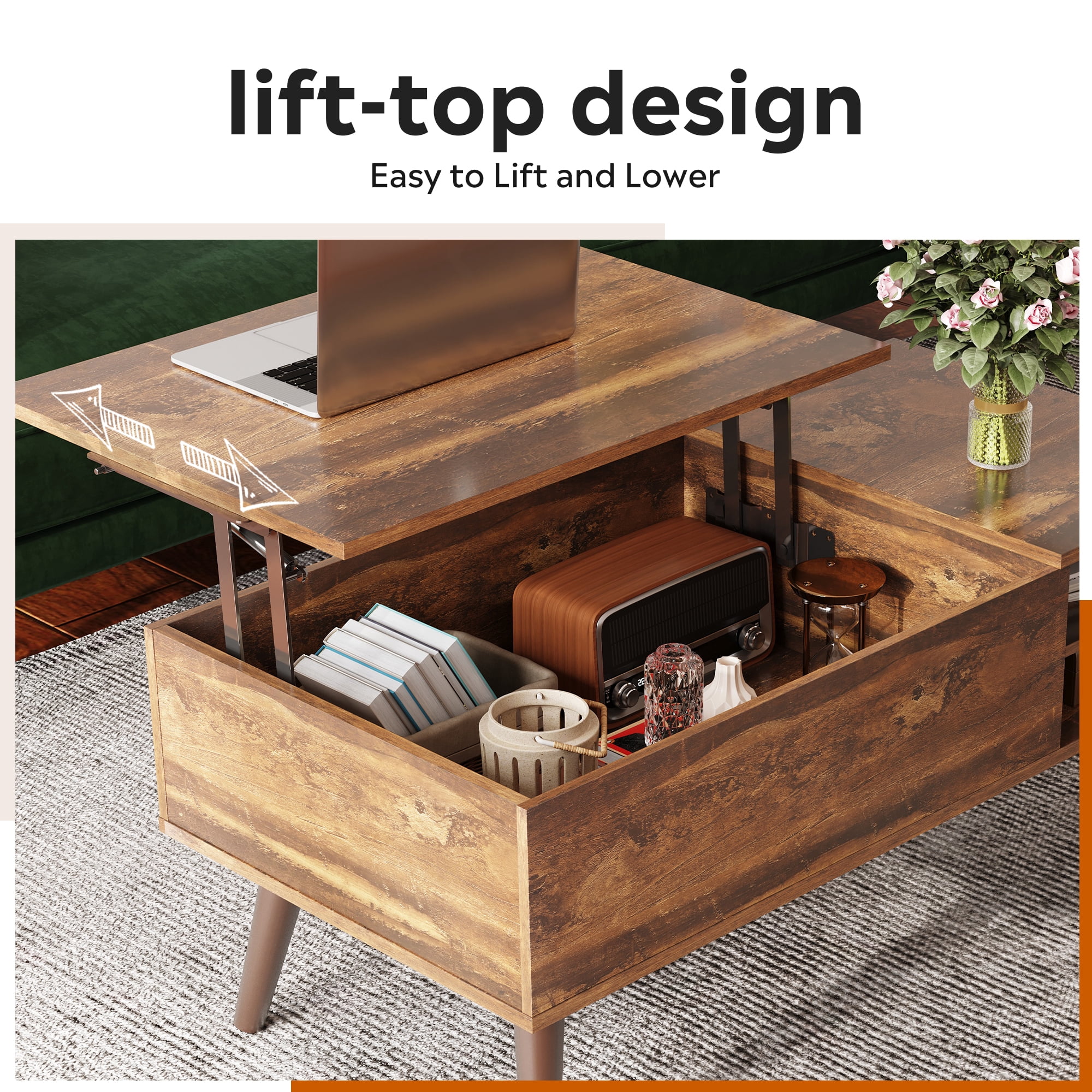 GALAXHERO Coffee Table with Removable Storage Shelves Lift Top Small Coffee Table for Living Room Rustic Brown