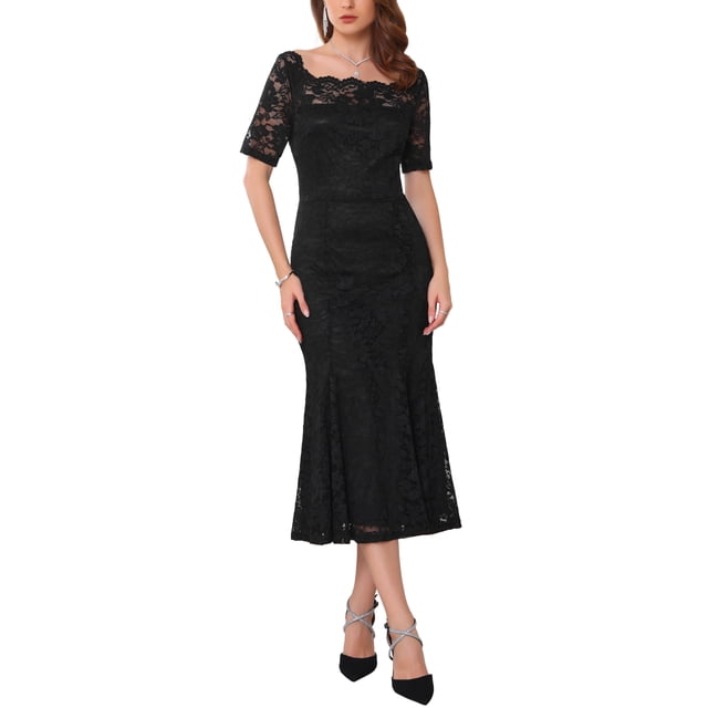 Vestido de cóctel para mujer INSPIRE CHIC con encaje, dobladillo de cola de pez, manga corta, ajustado, midi, negro, 2XL