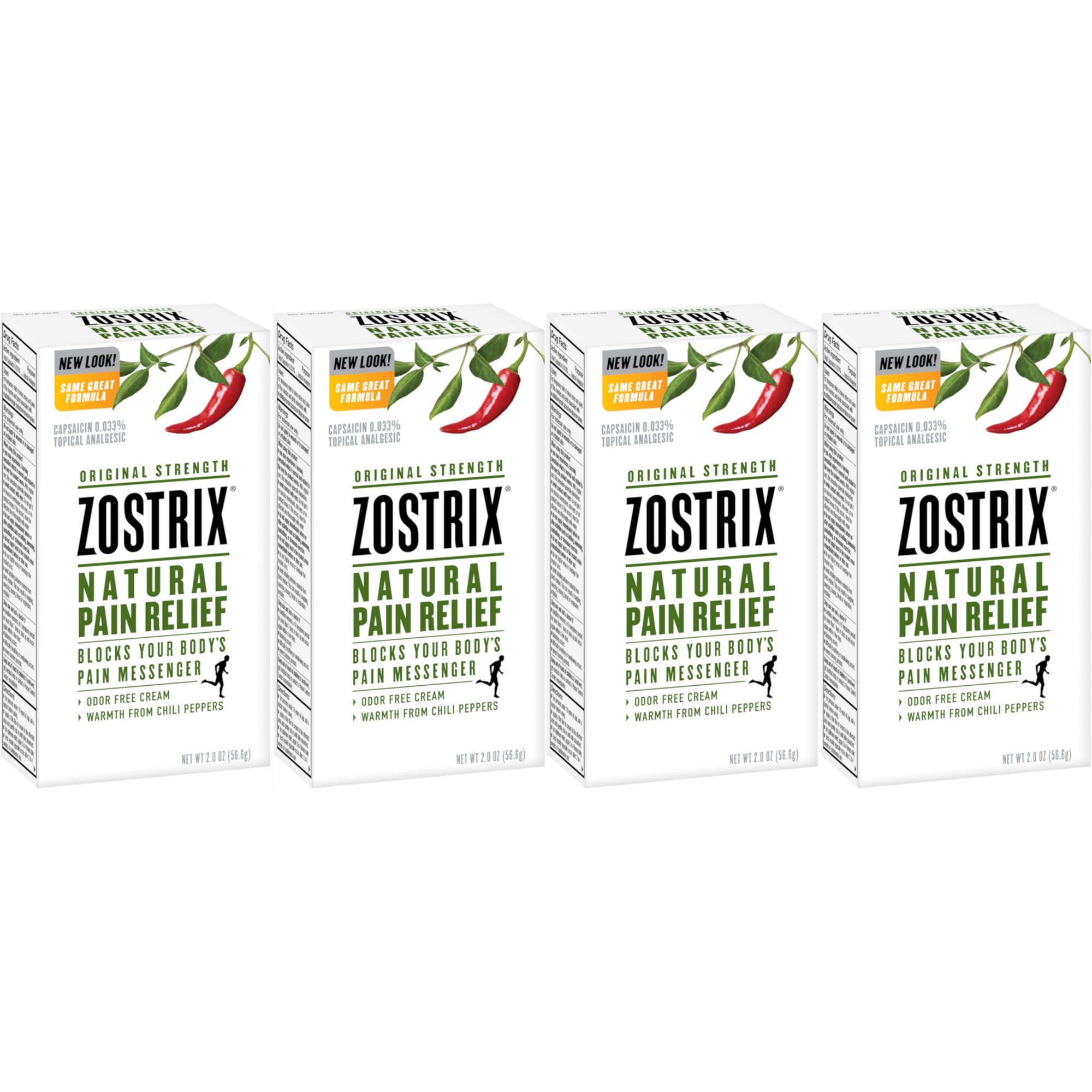 4 Pack Original Strength Zostrix Natural Pain Relief, Odor Free Cream