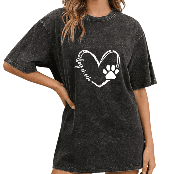 Black Washed Dog Mom Heart Paw Print Tshirt Graphic Tees Shirts Dog Lover Casual S-2XL Tops