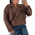 thumbnail image 2 of Women'S Cropped Trench Coat Double Breasted Lapel Collar Short Jacket Long Sleeve Fall Winter Outerwear Brown L, 2 of 9