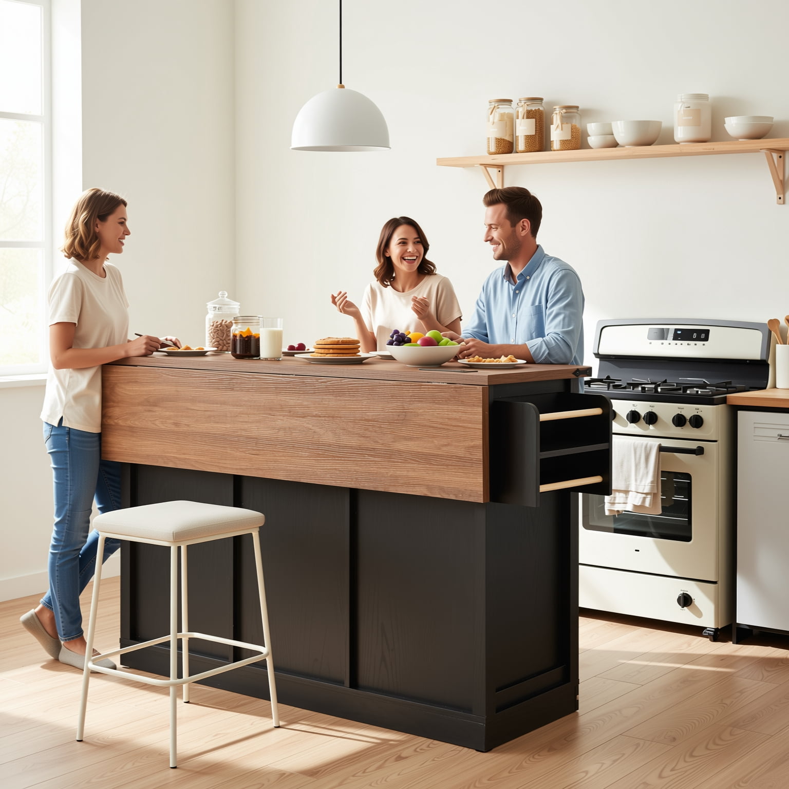 Homy Casa Farmhouse 53.7" Rolling Kitchen Island Cart with Drop Leaf, Power Outlet, Black/Walnut