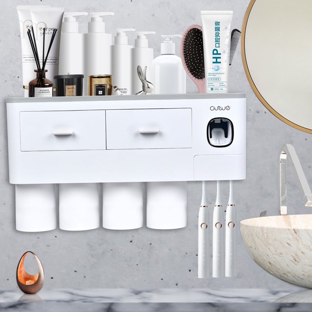 Wall Mounted Toothbrush Holder for Bathroom, Automatic Toothpaste Dispenser Kit with Magnetic Cups Kids & Family Set Toothbrush Holders, Storage Rack & Easy Install, Durable Space-Saving,Blue
