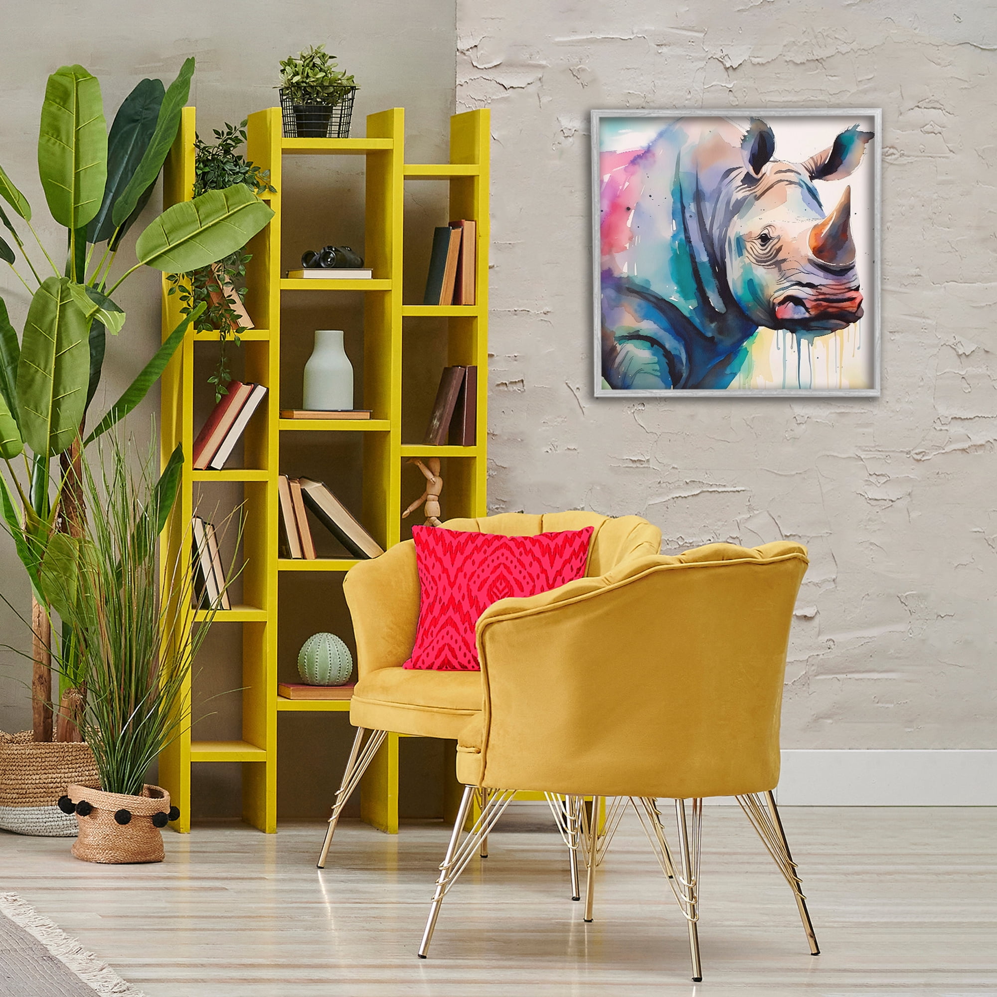 Stupell Industries Paint Drip Rhinoceros Animals & Insects Painting Gray Framed Art Print Wall Art, 24 x 24