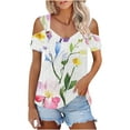 thumbnail image 4 of HomeDM Women's Cold Shoulder Shirts V Neck Short Sleeve T-Shirts Casual Loose Fit Floral Hollow Out Casual Tee Shirts S-2XL, 4 of 7