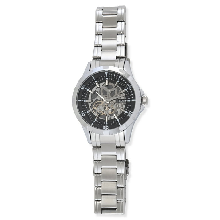 Elgin Adult Men's Silver Round Case Watch with Faux Skeleton Dial