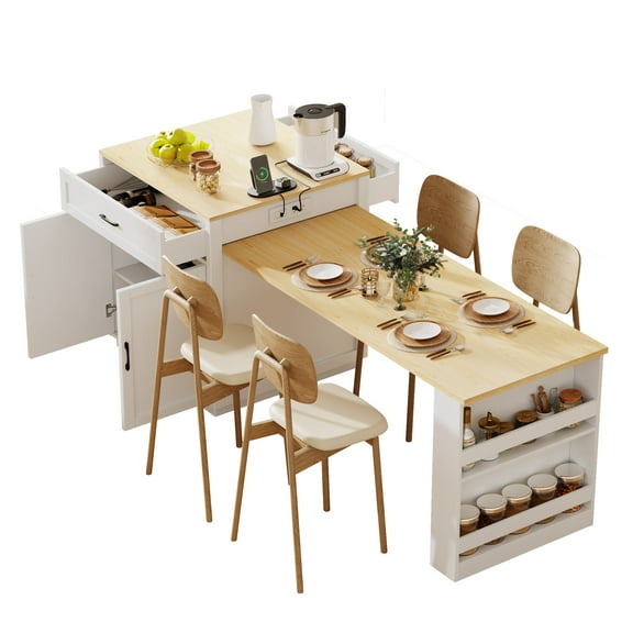 82.7" Kitchen Island With Extendable Dining Table For 4-6 People, Rolling Kitchen Island With Storage, 2 Drawers & 2 Side Open Shelves, Charging Station