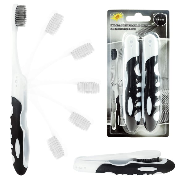 Lingito Brosse à Dents de Voyage au Charbon, Fonction de Pliage en Déplacement, Brosses à Poils Souples (Lot de 2)