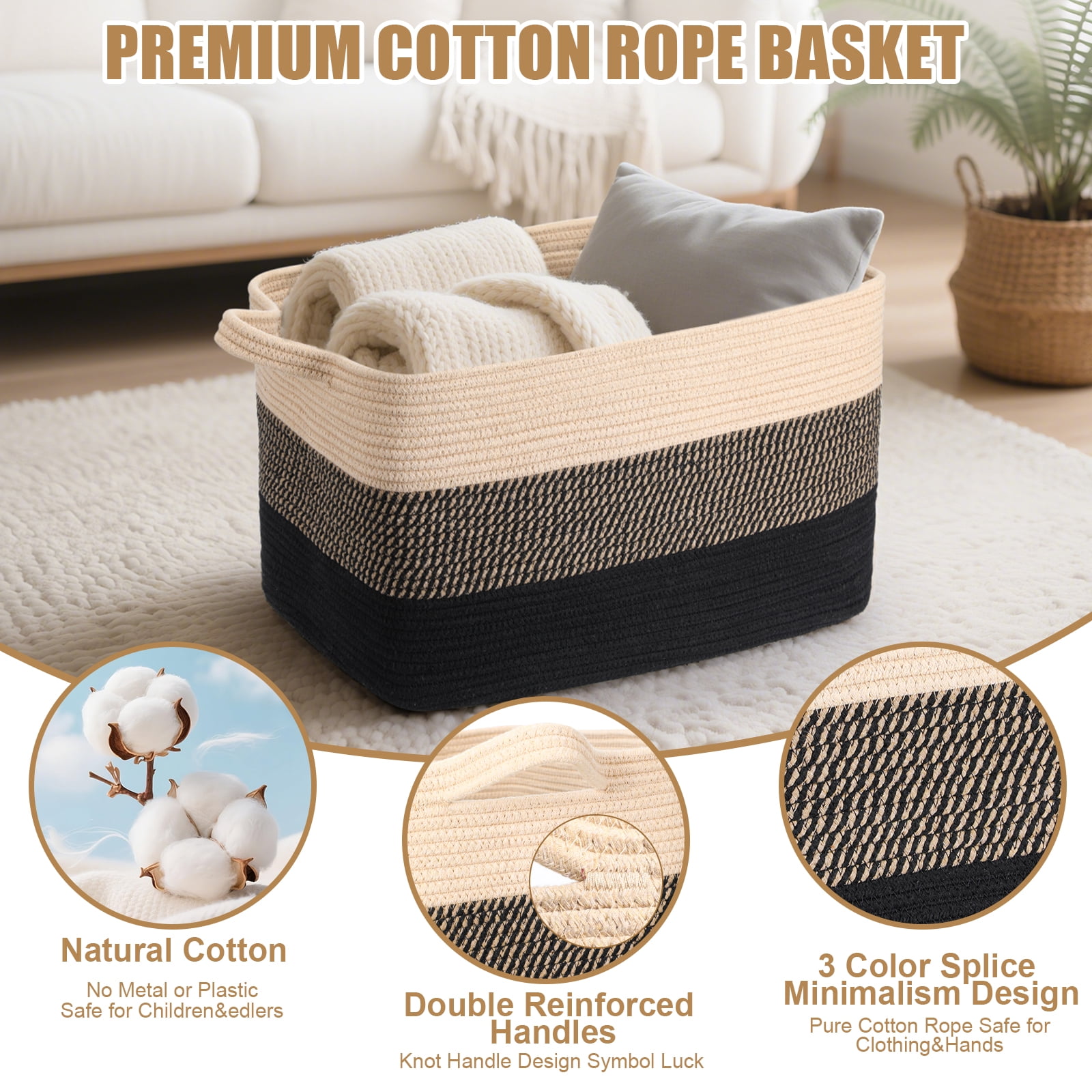 LIZEVINC Large Blanket Basket, 21.6" x 15.7" x 11.8" Rectangle Woven Laundry Basket, Cotton Rope Toy Basket With Handle, Storage Baskets for Organizing for Living Room, Bedroom, Baby Room