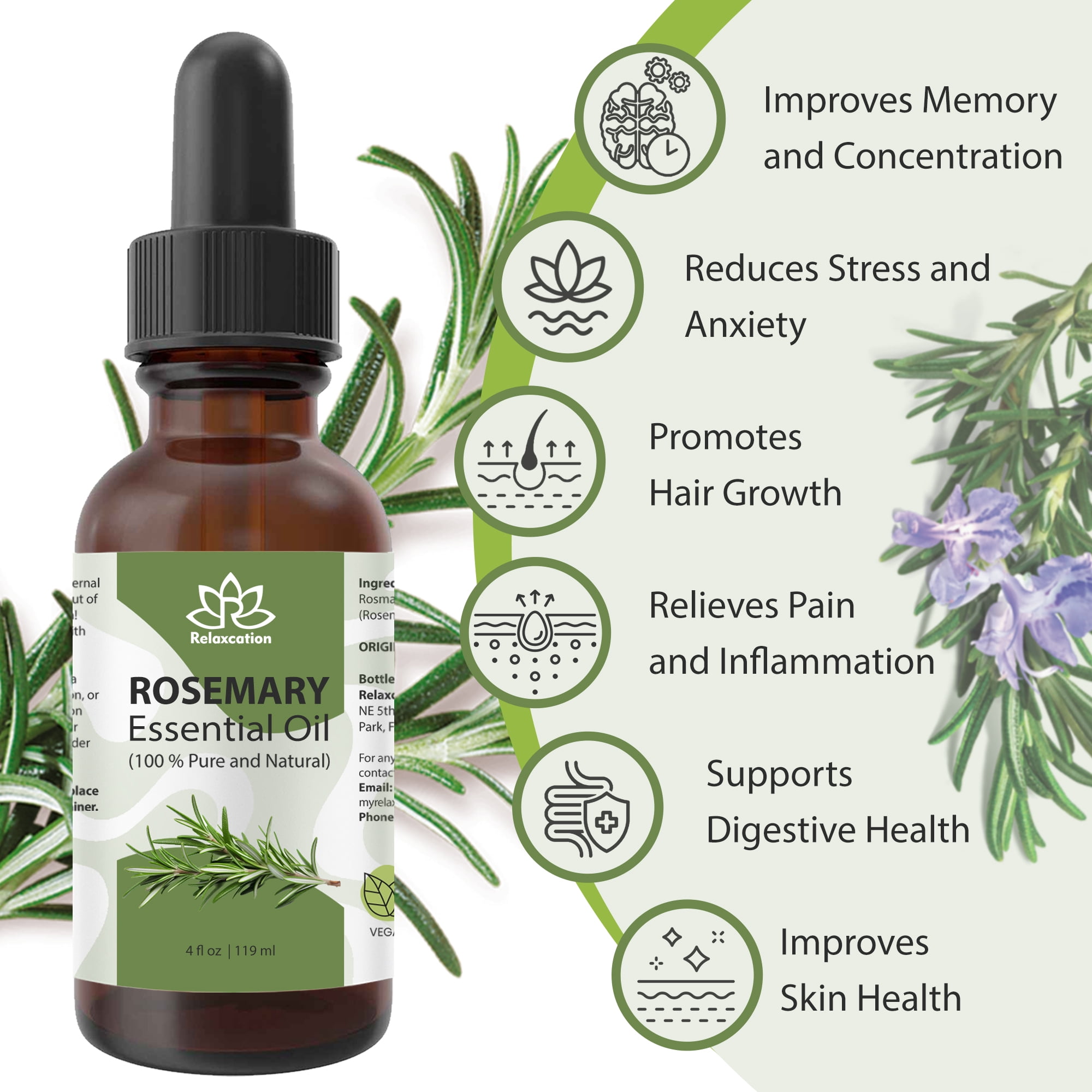 Rosemary Essential Oil (Rosmarinus officinalis) – 100% Pure Steam Distilled, Aromatic Herbal Oil, 2 fl oz by RELAXCATION
