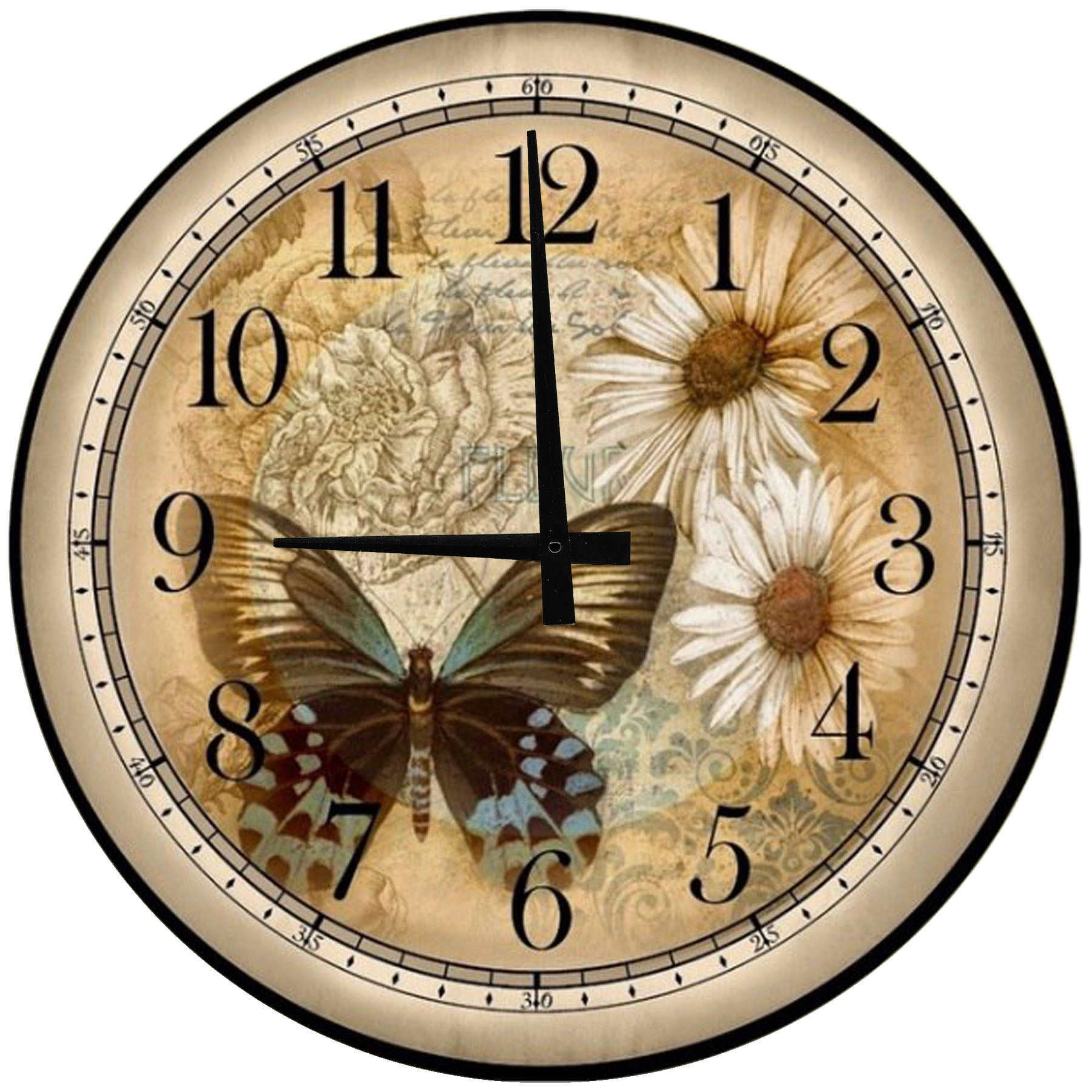 Round Wood Wall Clock Vintage Butterfly and Daisies Large Clock Wall