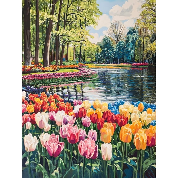 Colorful Tulips and Pond Landscape Canvas Painting,Suitable for Living Room,Office,Hotel,and Restaurant Decoration