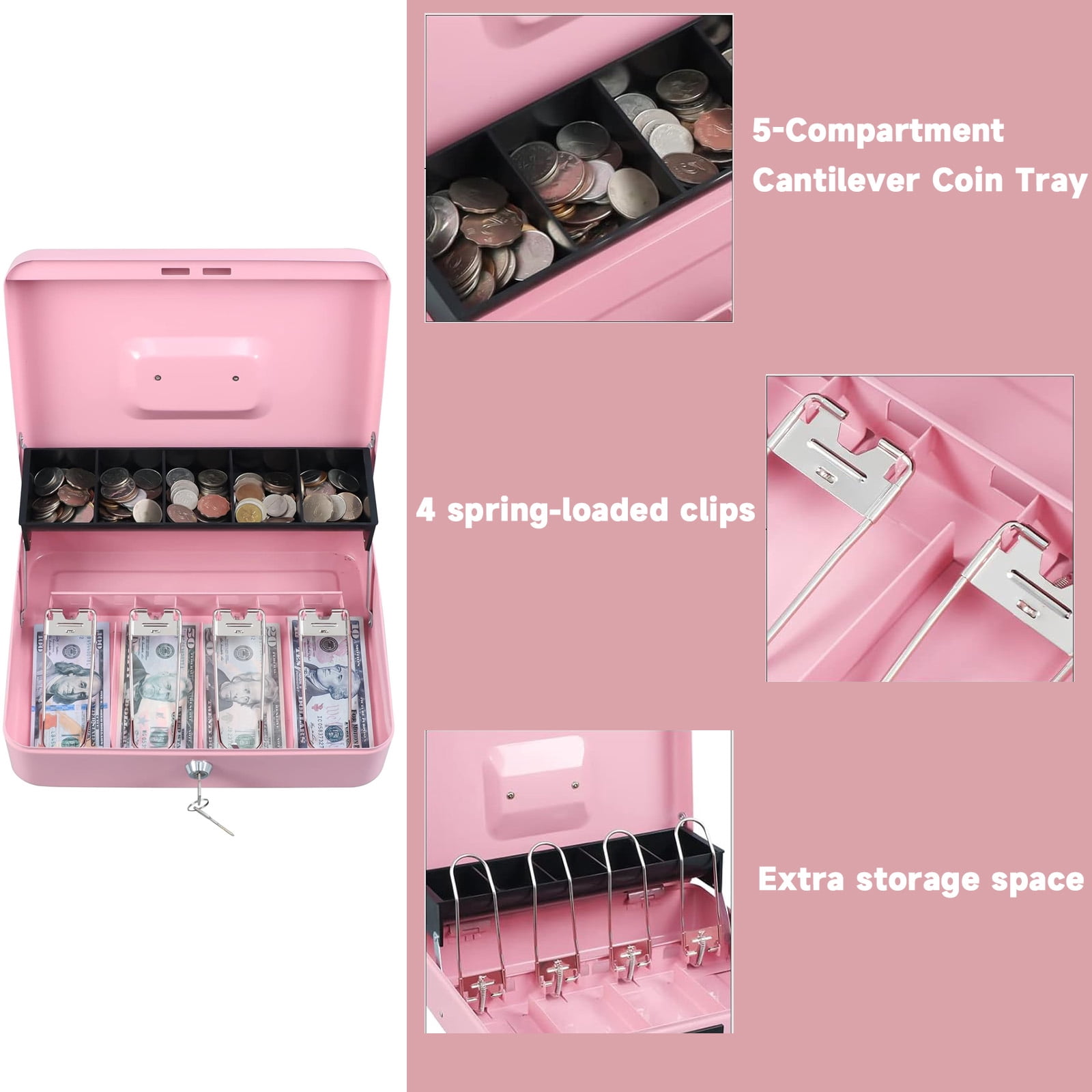 OUTGOO Cash Box with Money Tray and Lock, Metal Money Box for Cash, Key Lock Safe Box, Money Saving Organizer, 11.8" x 9.4" x 3.5", 4 Bill 5 Coin Slots