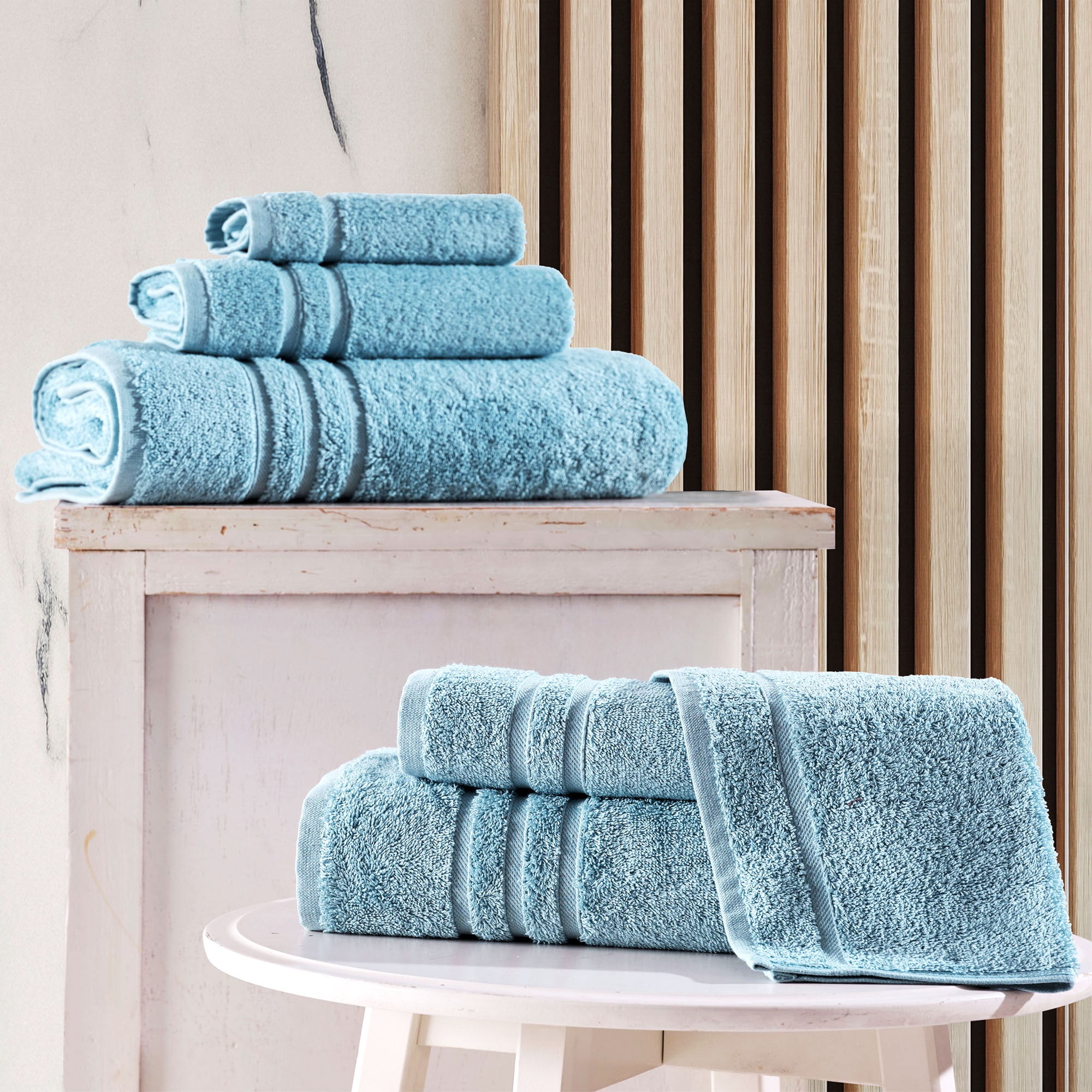 Hawmam Linen Light Blue - 6-Piece Bathroom Set: 2 Bath Towels, 2 Hand Towels, 2 Washcloths, 100% Turkish Cotton, Quickdry, High Absorbent, Luxury Bathroom Accessories, Dorm Room Essentials