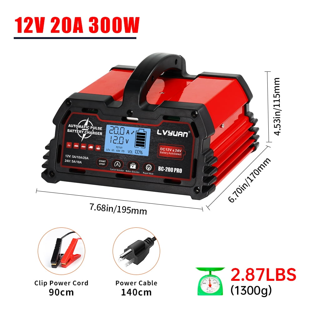 LVYUAN 20A 12V/24V Automotive Battery Charger Float & Trickle Battery Charger Maintainer Desulfator for Car, Truck, Motorcycle, lawn mower, LiFePO4 & Lead-Acid Batteries