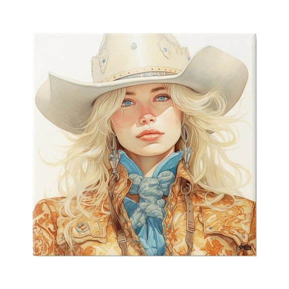 Stupell Industries Blonde Cowgirl Portrait Abstract Painting Gallery Wrapped Canvas Art Print Wall Art, 17 x 17