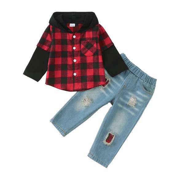 3T Baby Boys Clothes 4T Boys 2PCS Hoodie Outfits Set Toddler Boys Long Sleeve Plaid Top Denim Pants Set Red