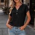 thumbnail image 2 of Women's Casual Solid Color V Neck Button Down Short Sleeve Cotton Tops Blouses Soft Lightweight Work Office Outfits | CSEONE,Black XL, 2 of 7