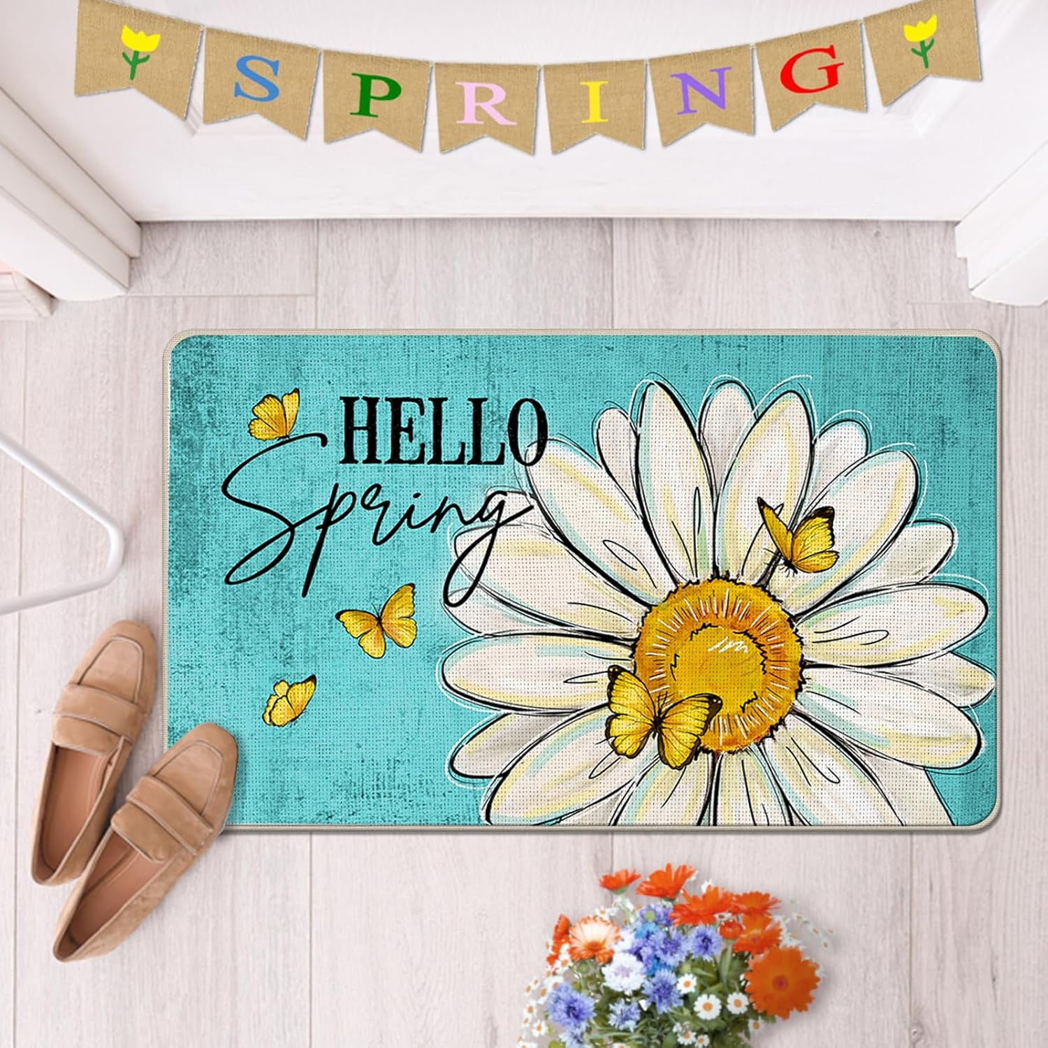 Hello Spring Daisy Flower Decorative Front Door Mat, Floral Butterfly Teal Doormat Indoor Outdoor Non-Slip Floor Entryway Rug, Seasonal Home Kitchen Decoration 17x29 Inch