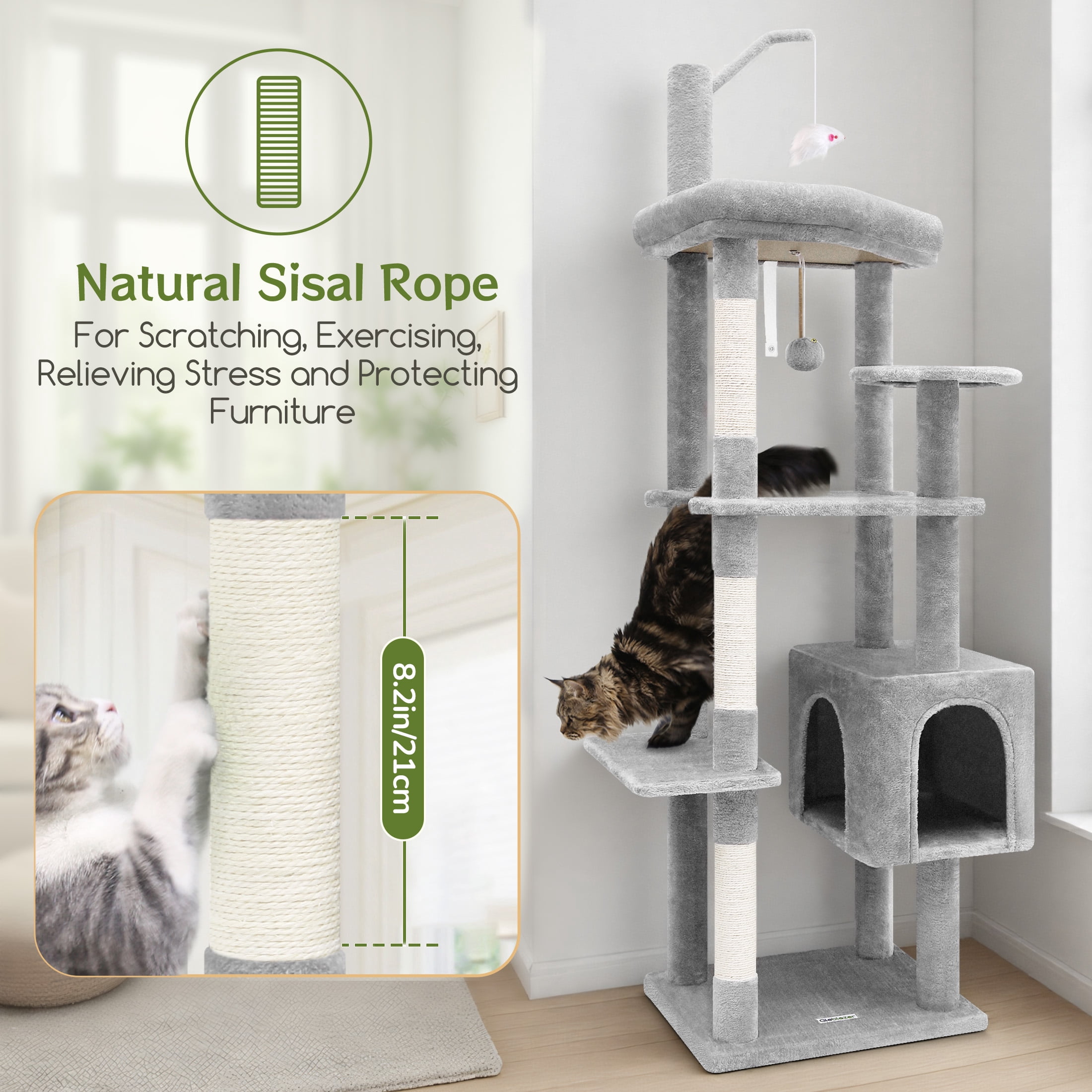 T65F 64" Tall Cat Tree Tower for Large Cats, Spacious Condo, Scratching Posts & Teaser Mouse