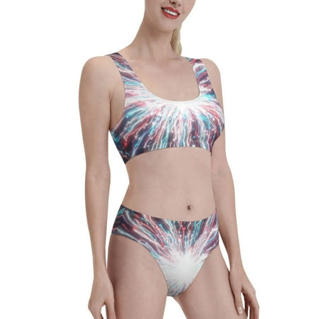 Uemuo Blue Swirl Fireworks Printed Women s High Waisted Bikini Sets Sporty Two Piece Swimsuits Color Block Cheeky High Cut Bathing Suits-