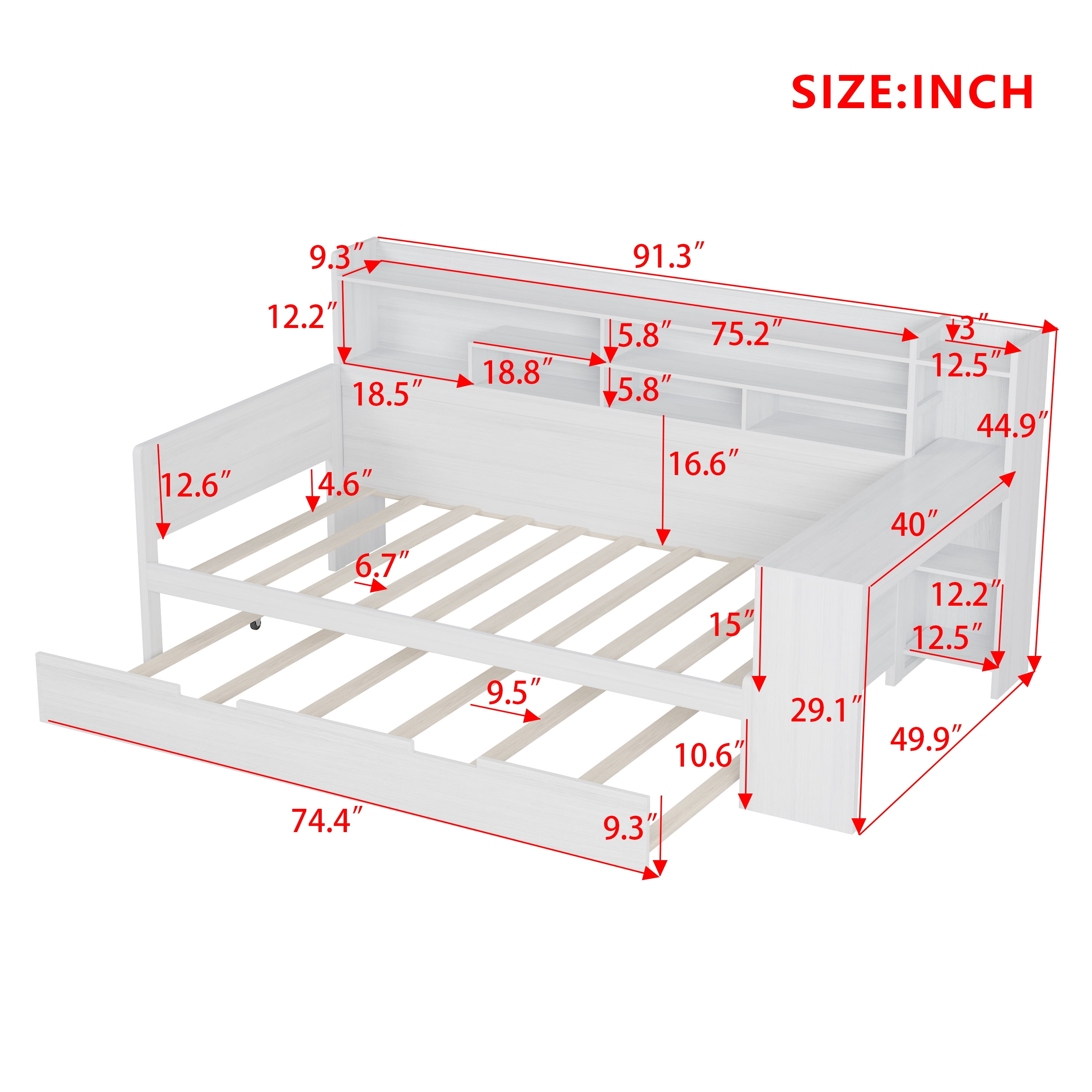 Euroco Wood Twin Size Daybed with Trundle, Storage Captain Bed with Desk and Shelves, Twin